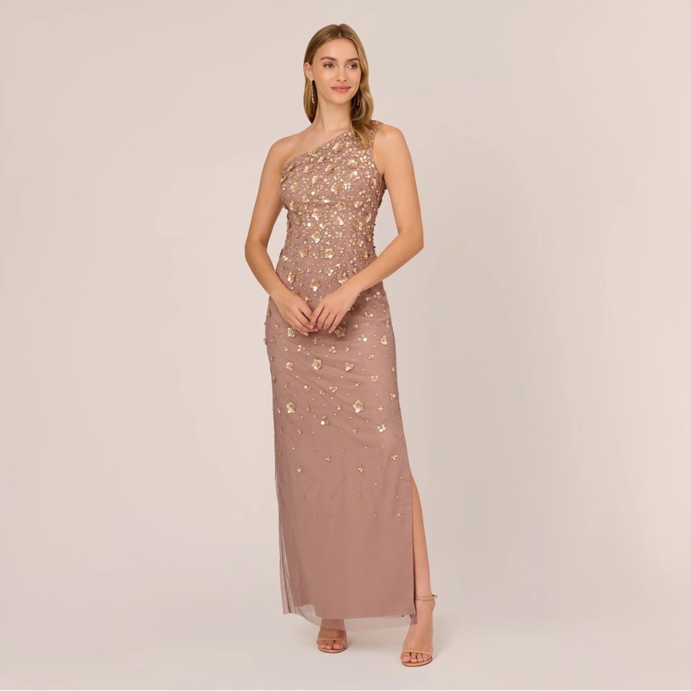 Adrianna Papell Blush Taupe Gold One-Shoulder Floral Beaded Gown Size 14 NWT